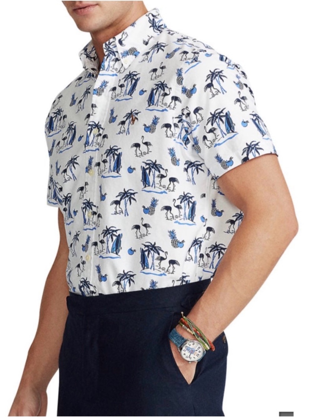 Ralph Lauren Men's Polo Flamingo Hawaiian Oxford Short Sleeve Aloha Shirt